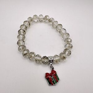Light gray faceted crystal glass beaded bracelet with‎ gift charm!